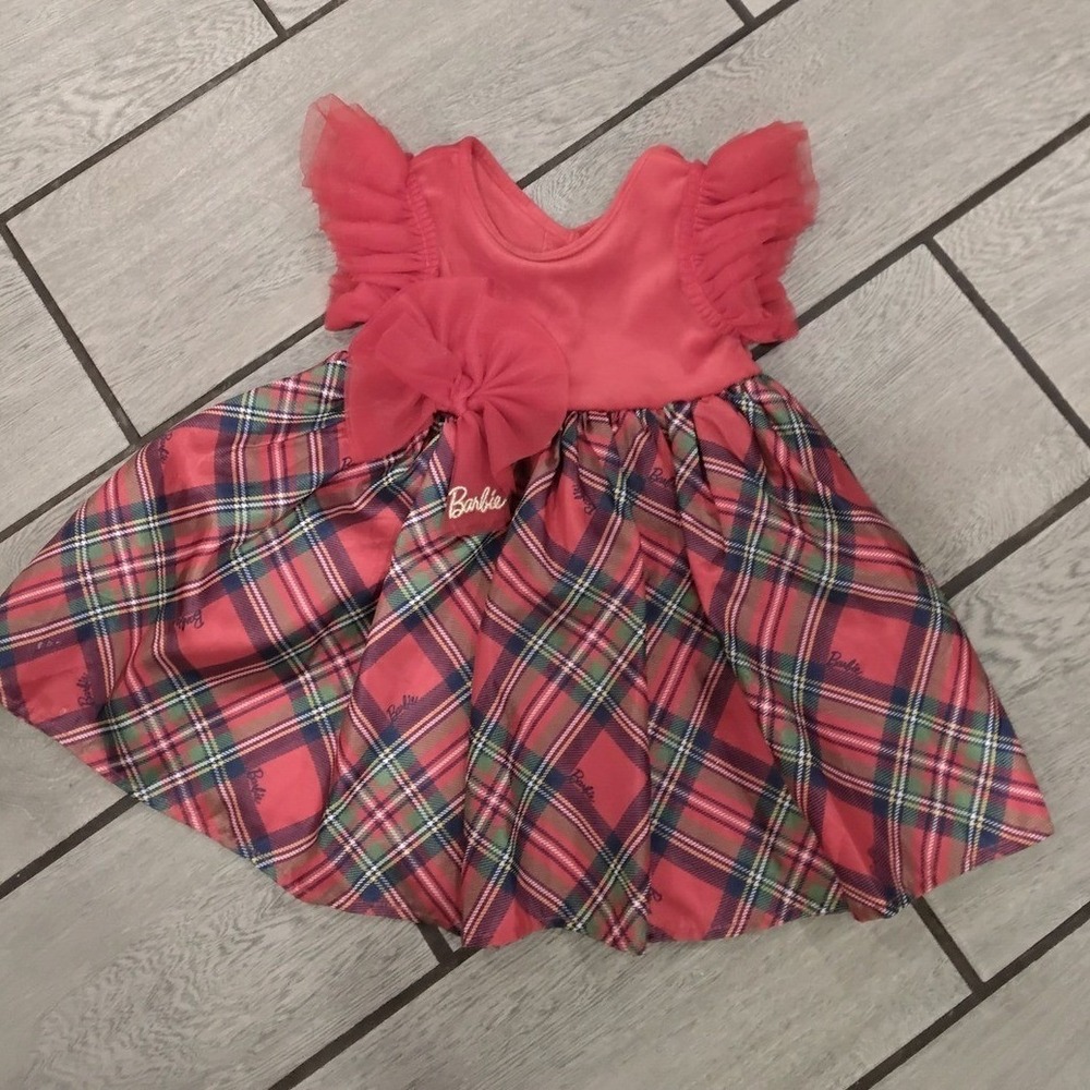 Barbie Toddler Girl Pink Plaid Ruffle Sleeve Bow Dress Size 2T